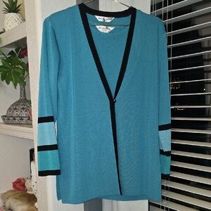 Misook Blue Cardigan with Black Trim With Tank Size Large See Measurements